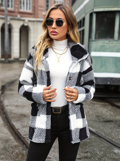 vlovelaw  Color Block Button Front Plush Jacket, Dual Pockets Long Sleeve Lapel Jacket For Fall & Winter, Women's Clothing