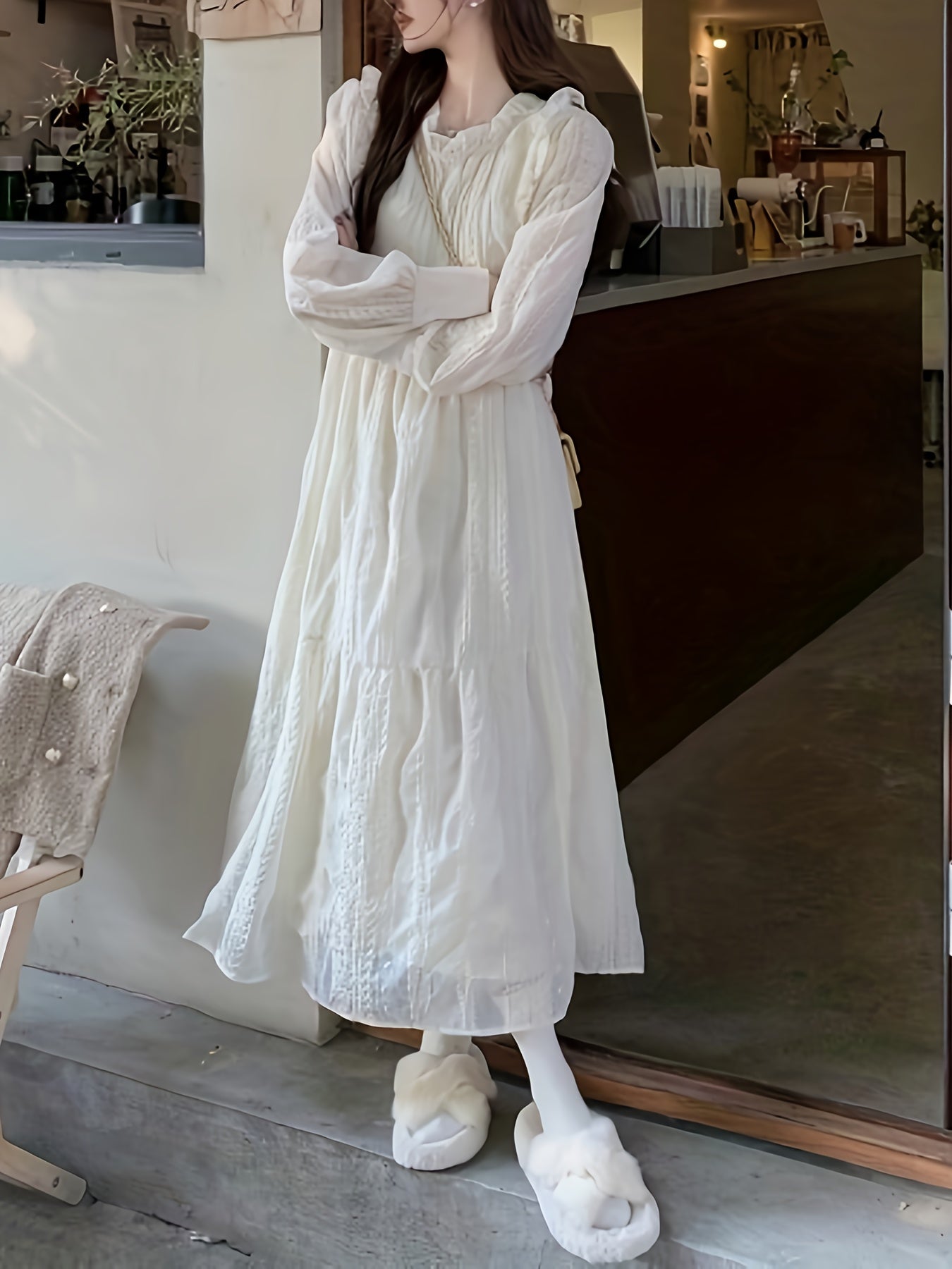 vlovelaw  Solid Ruffle Trim Belted Textured Dress, Elegant Long Sleeve Dress For Spring & Fall, Women's Clothing