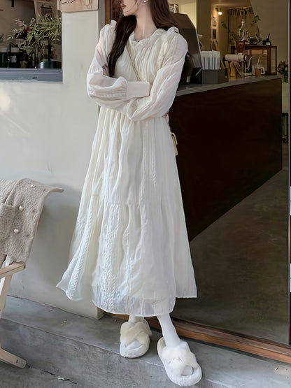 vlovelaw  Solid Ruffle Trim Belted Textured Dress, Elegant Long Sleeve Dress For Spring & Fall, Women's Clothing