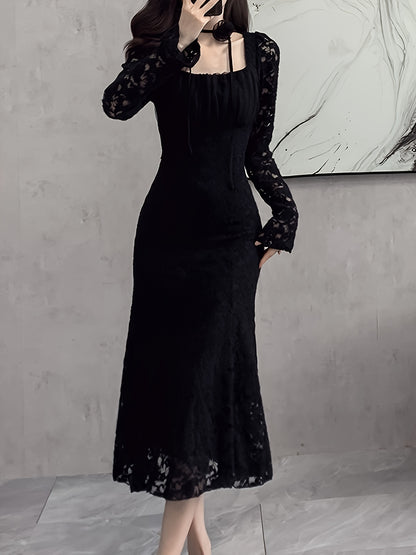 vlovelaw  Square Neck Lace Trumpet Dress, Chic Long Sleeve Ruched Mid Calf Dress, Women's Clothing