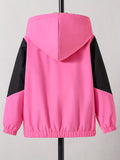 Girls Chevron Color Block Hooded Fleece Lined Windbreaker Jacket For Teen Kids Autumn And Winter