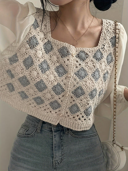 vlovelaw  Color Block Crochet Cardigan, Versatile Square Neck Long Sleeve Splicing Knitted Top, Women's Clothing