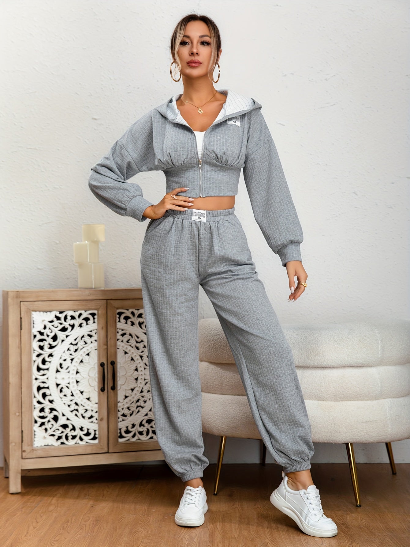 vlovelaw  Solid Casual Two-piece Set, Zip Up Long Sleeve Hoodies & Elastic Waist Jogger Pants Outfits, Women's Clothing