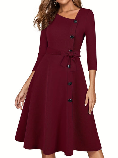 vlovelaw  Asymmetrical Neck Solid Dress, Elegant 3/4 Sleeve Mini Dress, Women's Clothing