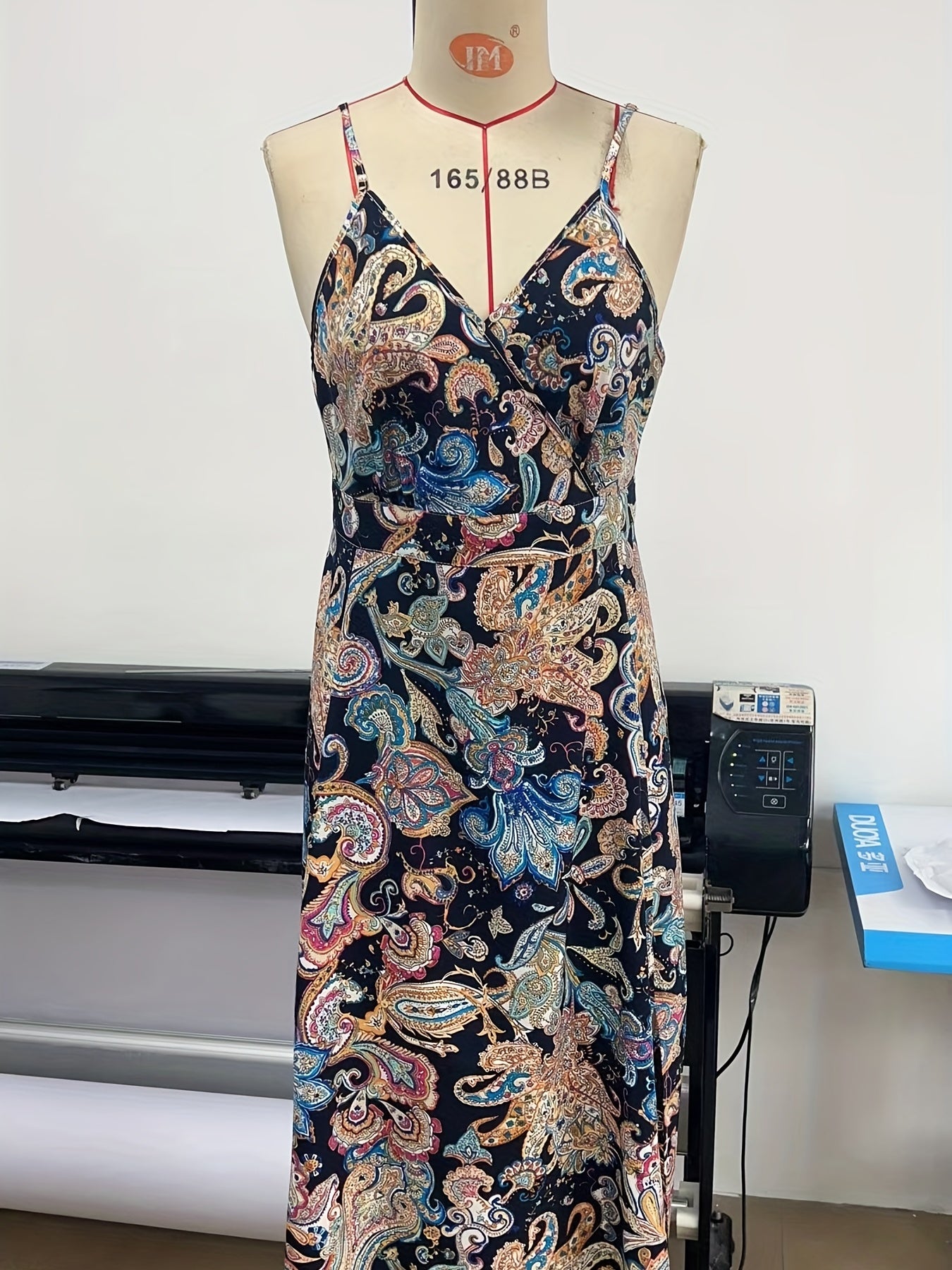 vlovelaw  Boho Maxi Cami Dress, Side Slit Random Print Casual Dress For Summer & Spring, Women's Clothing
