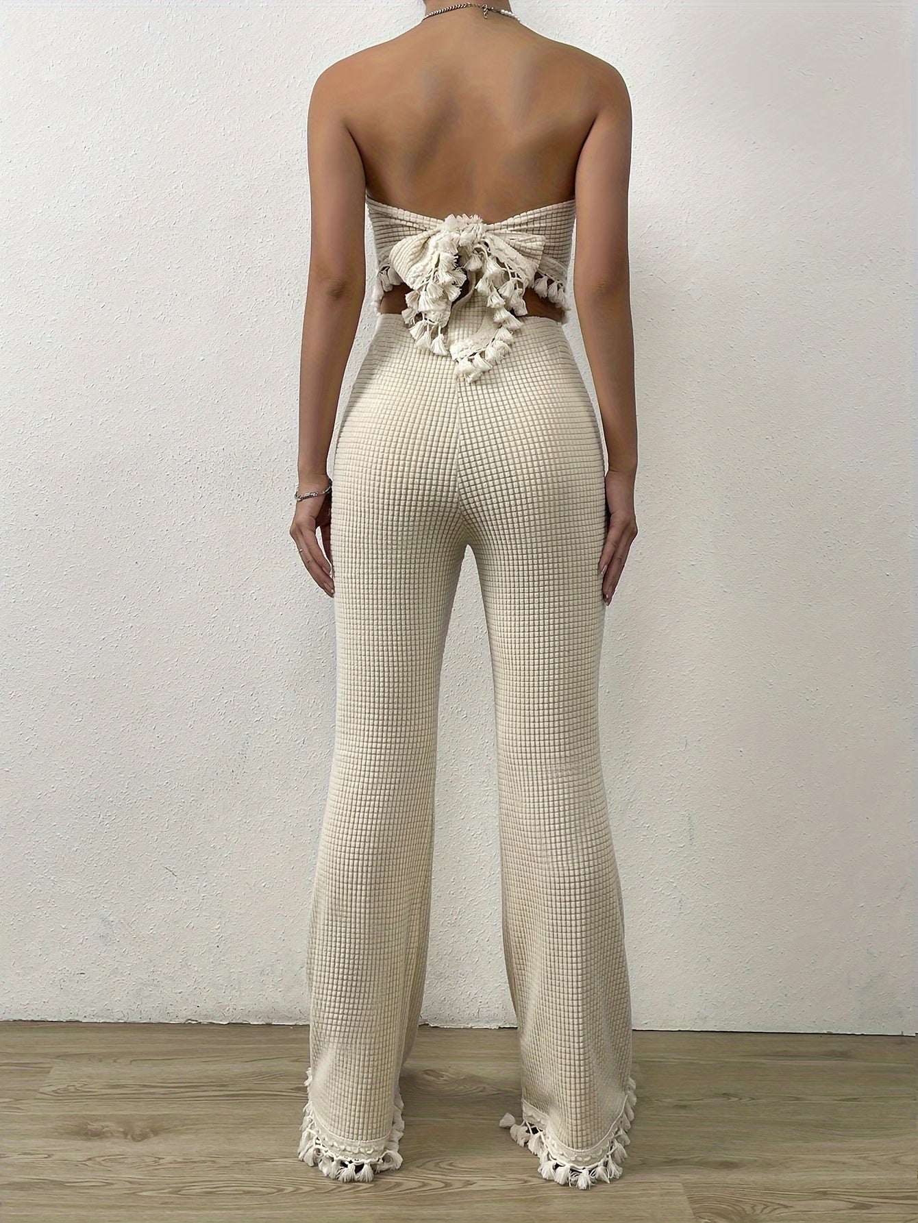 vlovelaw  Tassel Hem Casual Two-piece Set, Knotted Back Tube Top & Pants Outfits, Women's Clothing