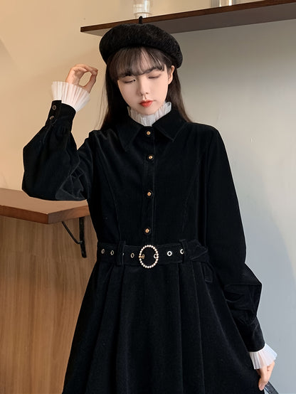 vlovelaw  Ruffle Trim Button Front A-line Dress, Chic Long Sleeve Belt Midi Length Dress, Women's Clothing
