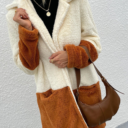 vlovelaw  Women's Color Matching Lapel Double-Sided Velvet Large Pocket Jacket Sweater