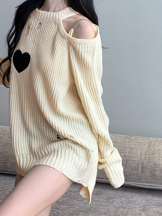 vlovelaw  Valentine's Day Heart Pattern One Shoulder Ripped Sweater, Casual Long Sleeve Sweater For Fall & Winter, Women's Clothing