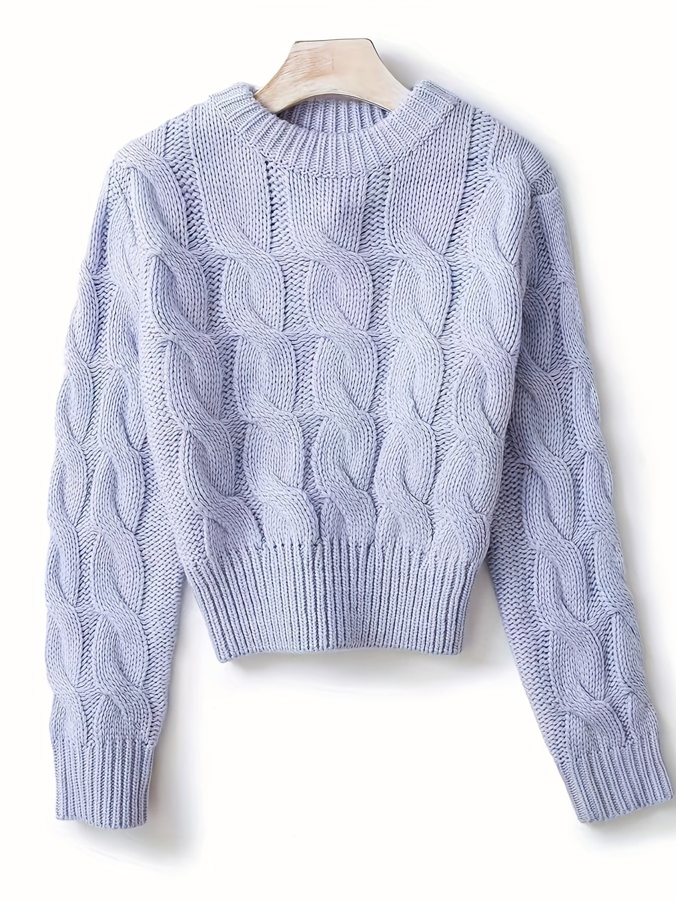 vlovelaw  Solid Crew Neck Cable Knit Sweater, Casual Long Sleeve Crop Pullover Sweater, Women's Clothing
