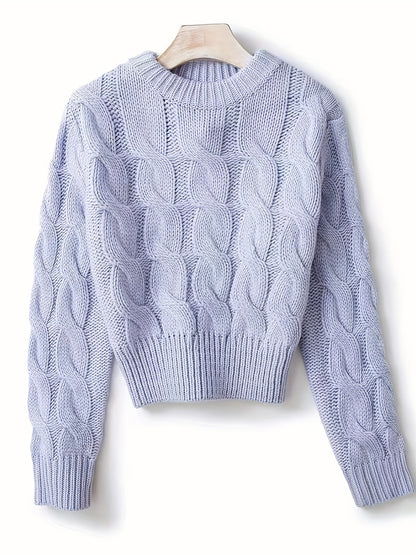 vlovelaw  Solid Crew Neck Cable Knit Sweater, Casual Long Sleeve Crop Pullover Sweater, Women's Clothing