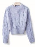 vlovelaw  Solid Crew Neck Cable Knit Sweater, Casual Long Sleeve Crop Pullover Sweater, Women's Clothing