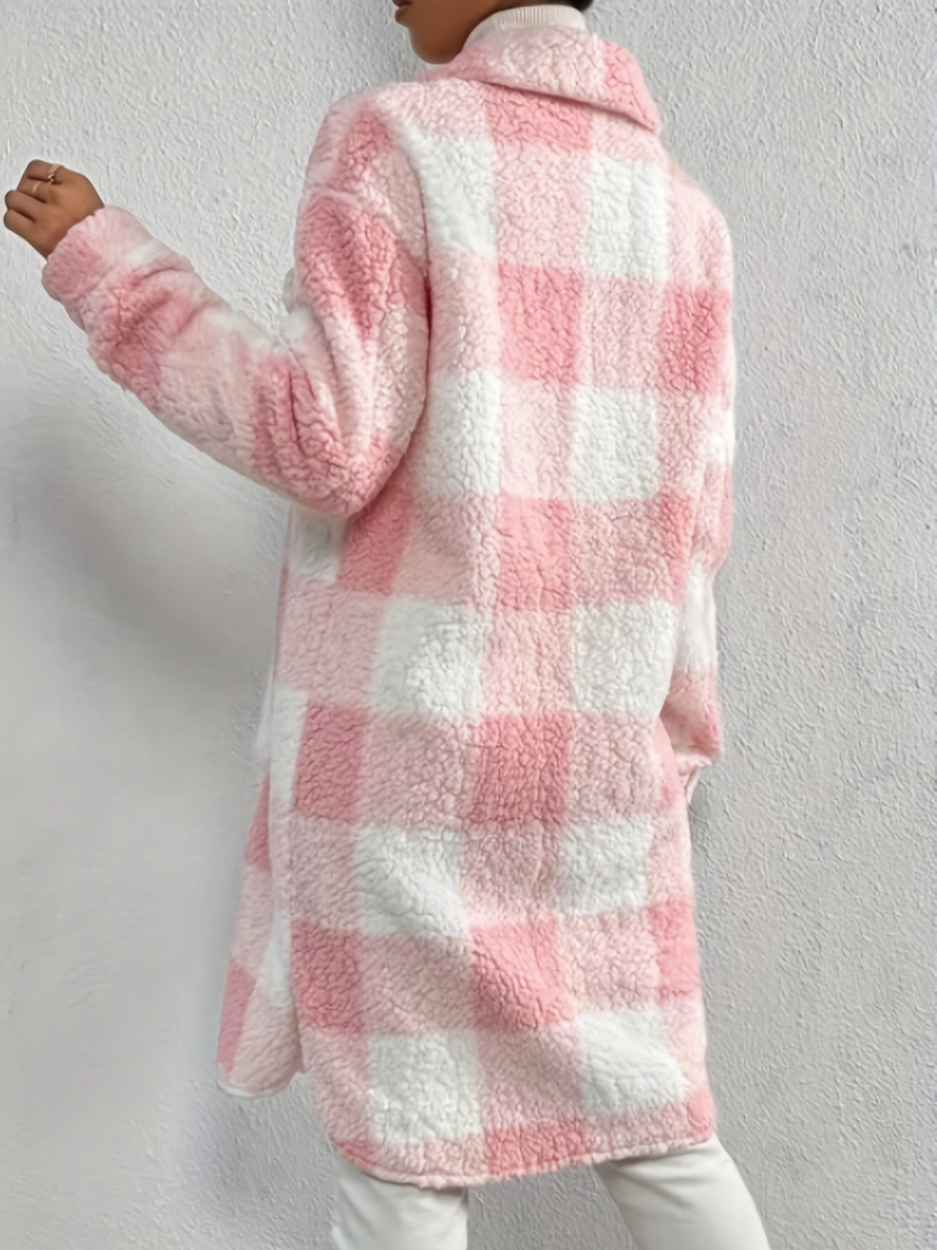 Plaid Pattern Teddy Coat, Casual Button Front Long Sleeve Outerwear, Women's Clothing