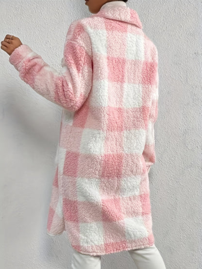 Plaid Pattern Teddy Coat, Casual Button Front Long Sleeve Outerwear, Women's Clothing