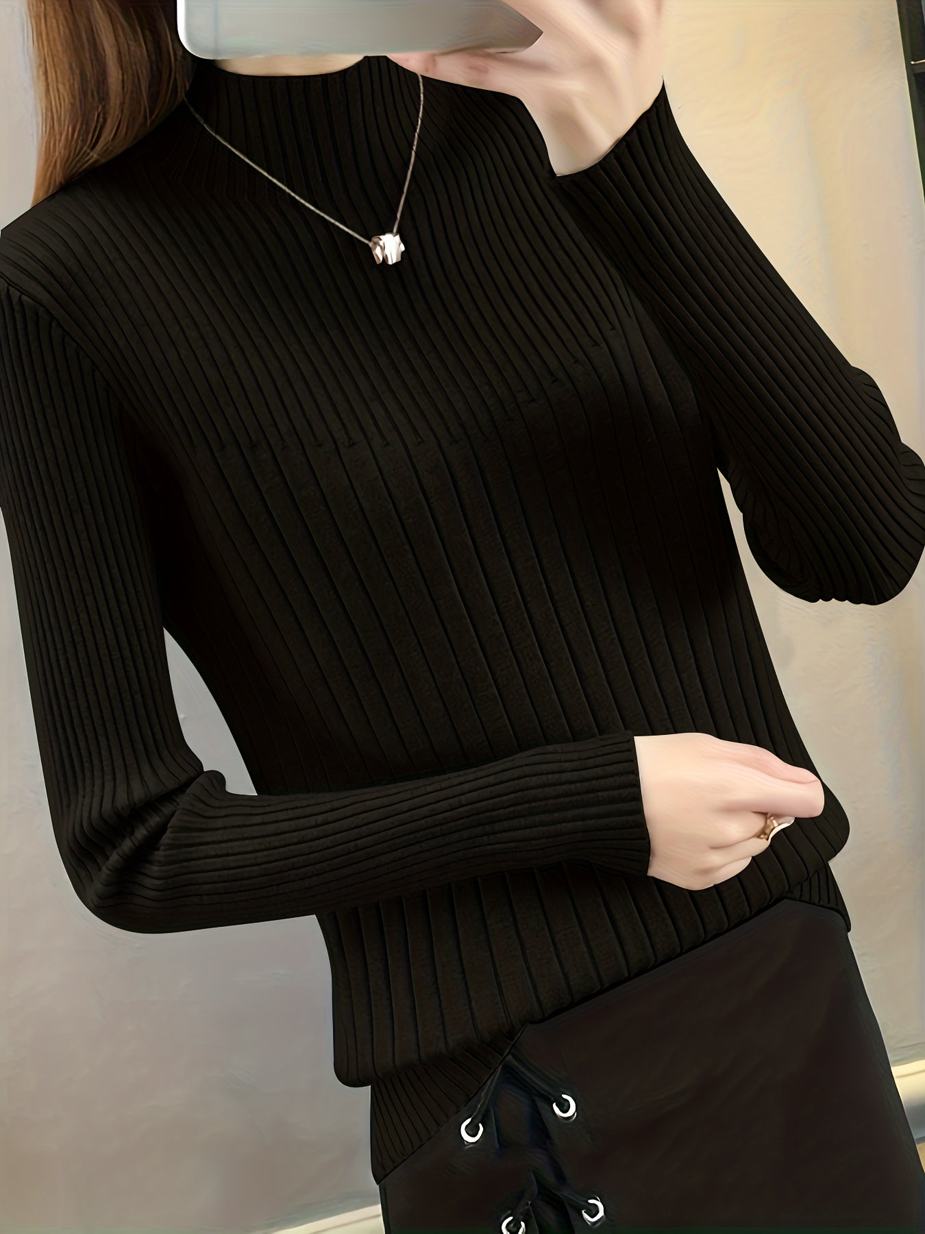 vlovelaw Solid Mock Neck Pullover Sweater, Casual Long Sleeve Slim Sweater, Women's Clothing