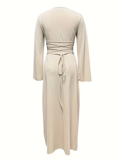 vlovelaw  Solid Flared Long Sleeve Dress, Casual Squared Neck Maxi Dress, Women's Clothing