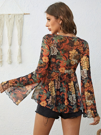 vlovelaw Floral Print Flare Sleeve Knot Front Blouse, Vacation V-neck Long Sleeve Blouse, Women's Clothing