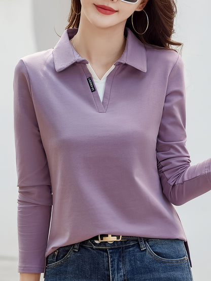 vlovelaw  Contrast Trim Turn Down Collar T-Shirt, Casual Long Sleeve Knitting T-Shirt For Spring & Fall, Women's Clothing