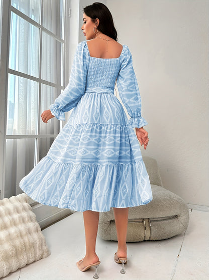 vlovelaw  Argyle Print Shirred Dress, Elegant Long Sleeve Midi Party Dress, Women's Clothing
