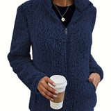 vlovelaw  Zip Up Solid Teddy Jacket, Casual Long Sleeve Stand Collar Warm Outerwear, Women's Clothing