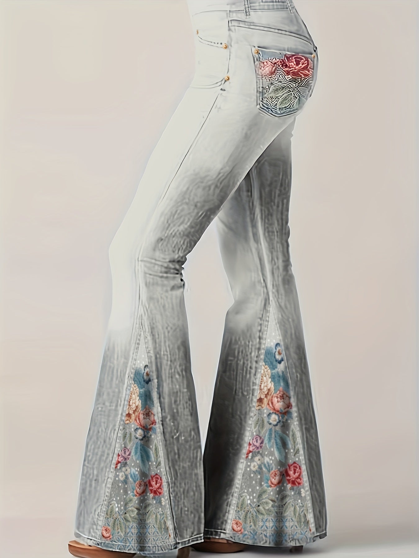 vlovelaw Plus Size Casual Trousers, Women's Plus Denim Print Slight Stretch Contrast Floral Panel Flare Pants