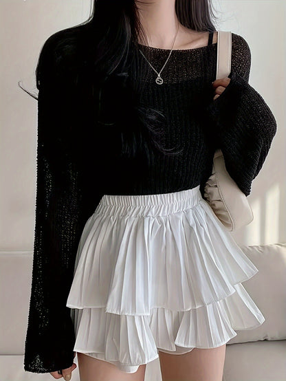 vlovelaw  Solid Boat Neck Pullover Sweater, Casual Long Sleeve Thin Knit Sweater, Women's Clothing