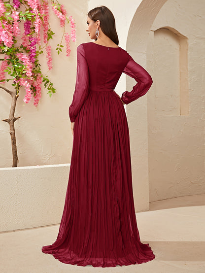 vlovelaw  Solid V Neck Dress, Elegant Long Sleeve Split Pleated A-line Dress For Spring & Fall, Women's Clothing