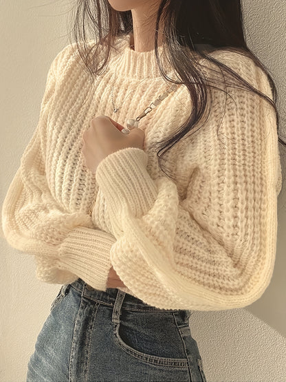 Solid Crew Neck Chunky Knit Sweater, Casual Long Sleeve Crop Pullover Sweater, Women's Clothing
