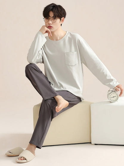 2 Pcs Men's Simple Plaid Pocket Round Neck Long Sleeve & Plaid Long Pants Pajama Set, Comfortable & Skin-friendly Style Pajamas For Men's Cozy Loungewear