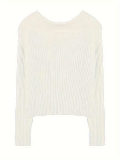 vlovelaw  Solid Off Shoulder Knit Sweater, Casual Long Sleeve Pullover Sweater, Women's Clothing