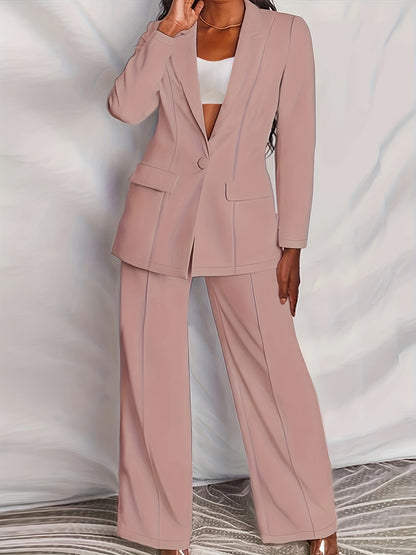 vlovelaw Plus Size Casual Suit Set, Women's Plus Solid Long Sleeve Single Breast Button Lapel Collar Suit Coat & Wide Leg Pants Suit Two Piece Set