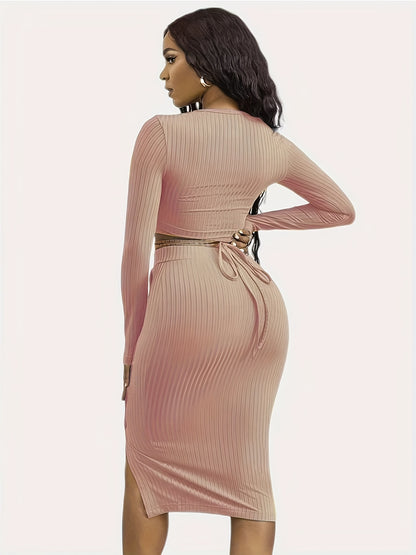 Solid Casual Two-piece Set, Tie Back Cropped Tops & Bag Hip Split Skirts Outfits, Women's Clothing