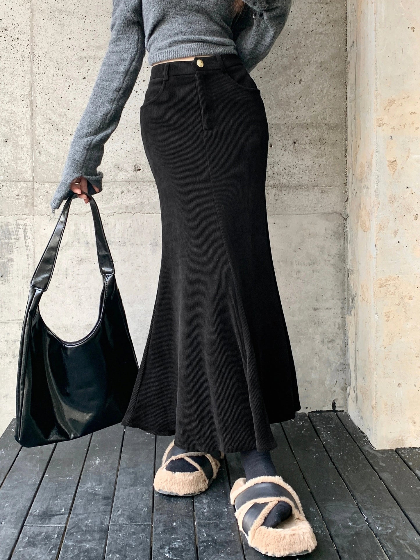 Solid Color Corduroy Mermaid Skirt, Stylish High Waist Slant Pockets Skirt, Women's Clothing