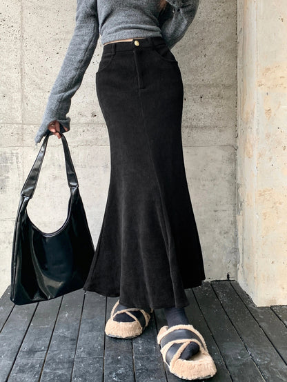 Solid Color Corduroy Mermaid Skirt, Stylish High Waist Slant Pockets Skirt, Women's Clothing