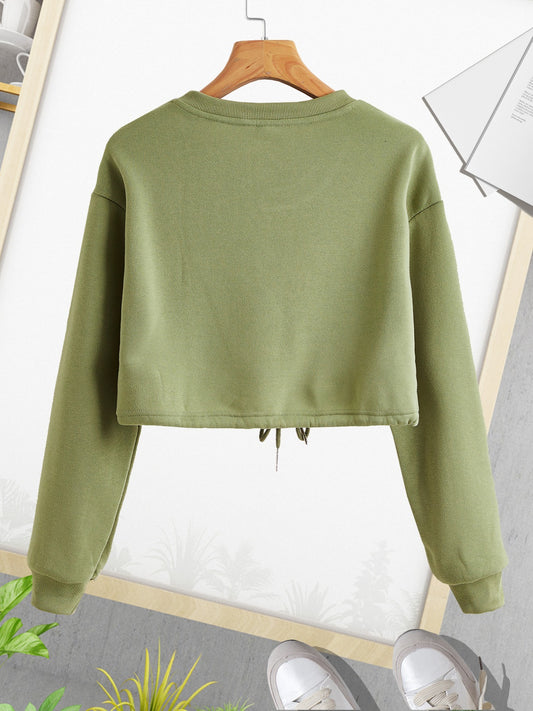 vlovelaw  Solid Color Crew Neck Drawstring Hem Drop Shoulder Thermal Crop Pullover Cropped Active Sweatshirt