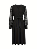 vlovelaw  Contrast Lace Solid Dress, Casual V Neck Long Sleeve Dress, Women's Clothing