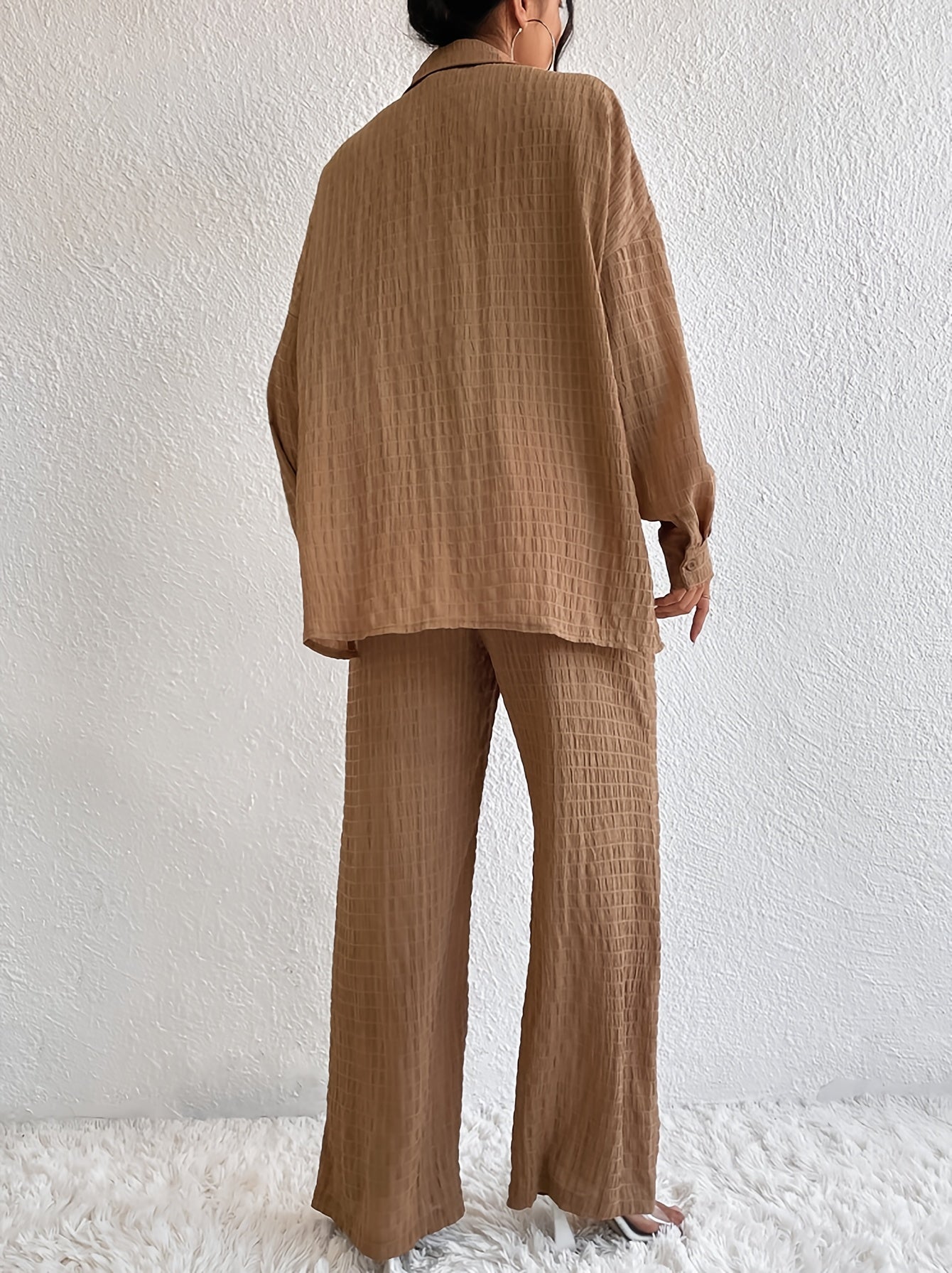 vlovelaw  Casual Textured Solid Two-piece Set, Long Sleeve Button Front Shirt & Straight Leg Pants Outfits, Women's Clothing