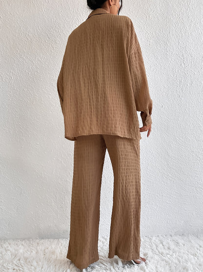 vlovelaw  Casual Textured Solid Two-piece Set, Long Sleeve Button Front Shirt & Straight Leg Pants Outfits, Women's Clothing