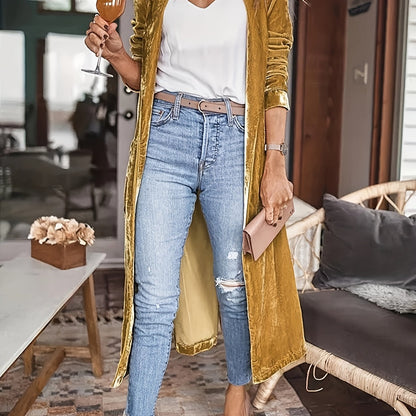 Velvet V-neck Loose Mid Length Cardigans, Casual Pocket Solid Color  Long Sleeve Spring Fall Cardigan, Women's Clothing
