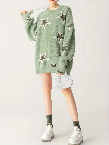 vlovelaw Star Pattern Crew Neck Sweater, Casual Long Sleeve Sweater For Fall & Winter, Women's Clothing