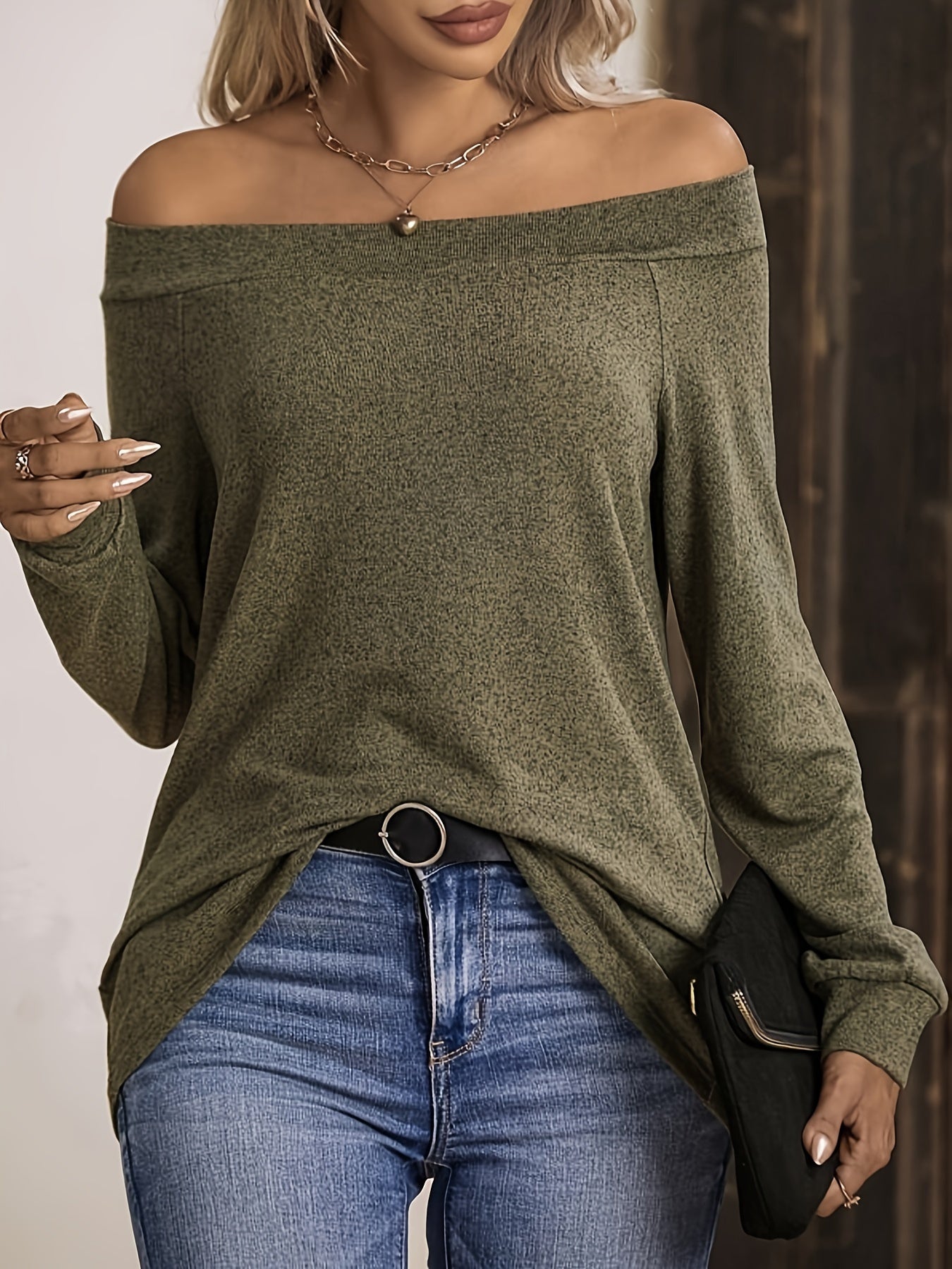 vlovelaw  Off Shoulder Solid T-Shirt, Casual Long Sleeve Top For Spring & Fall, Women's Clothing
