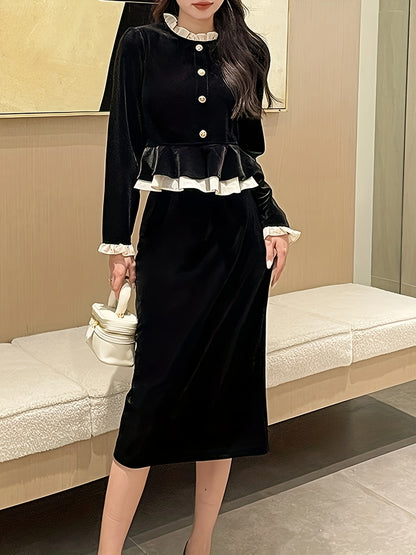 vlovelaw Elegant Velvet Two-piece Skirt Set, Contrast Trim Ruffle Trim Single Breasted Outwear & Solid Midi Skirt Outfits, Women's Clothing