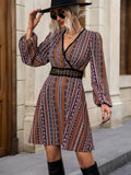 vlovelaw  Contrast Lace Striped Dress, Elegant V Neck Long Sleeve Dress, Women's Clothing