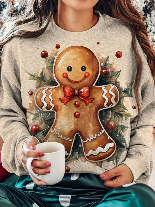 Women's Cute Christmas Gingerbread for Man Print Sweatshirt - Cozy Polyester, Machine Washable, Round Neck Pullover for All Seasons