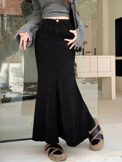 Solid Color Corduroy Mermaid Skirt, Stylish High Waist Slant Pockets Skirt, Women's Clothing