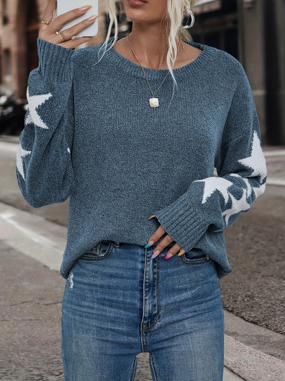 vlovelawStar Pattern Crew Neck Pullover Sweater, Vintage Long Sleeve Drop Shoulder Sweater, Women's Clothing