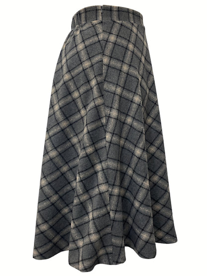 vlovelaw  Plus Size Elegant Skirt, Women's Plus Plaid Print Elastic Woolen A-line All-match Skirt