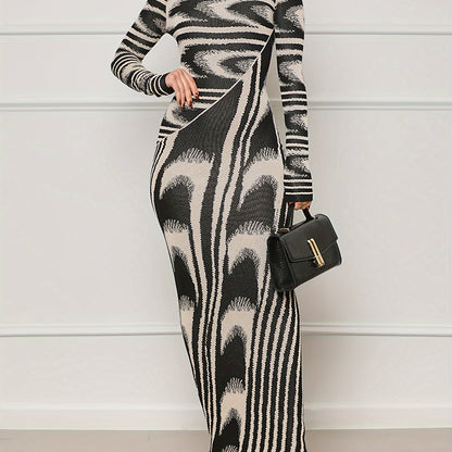 Abstract Print Long Sleeve Dress, Stylish Crew Neck Maxi Length Slim Dress, Women's Clothing