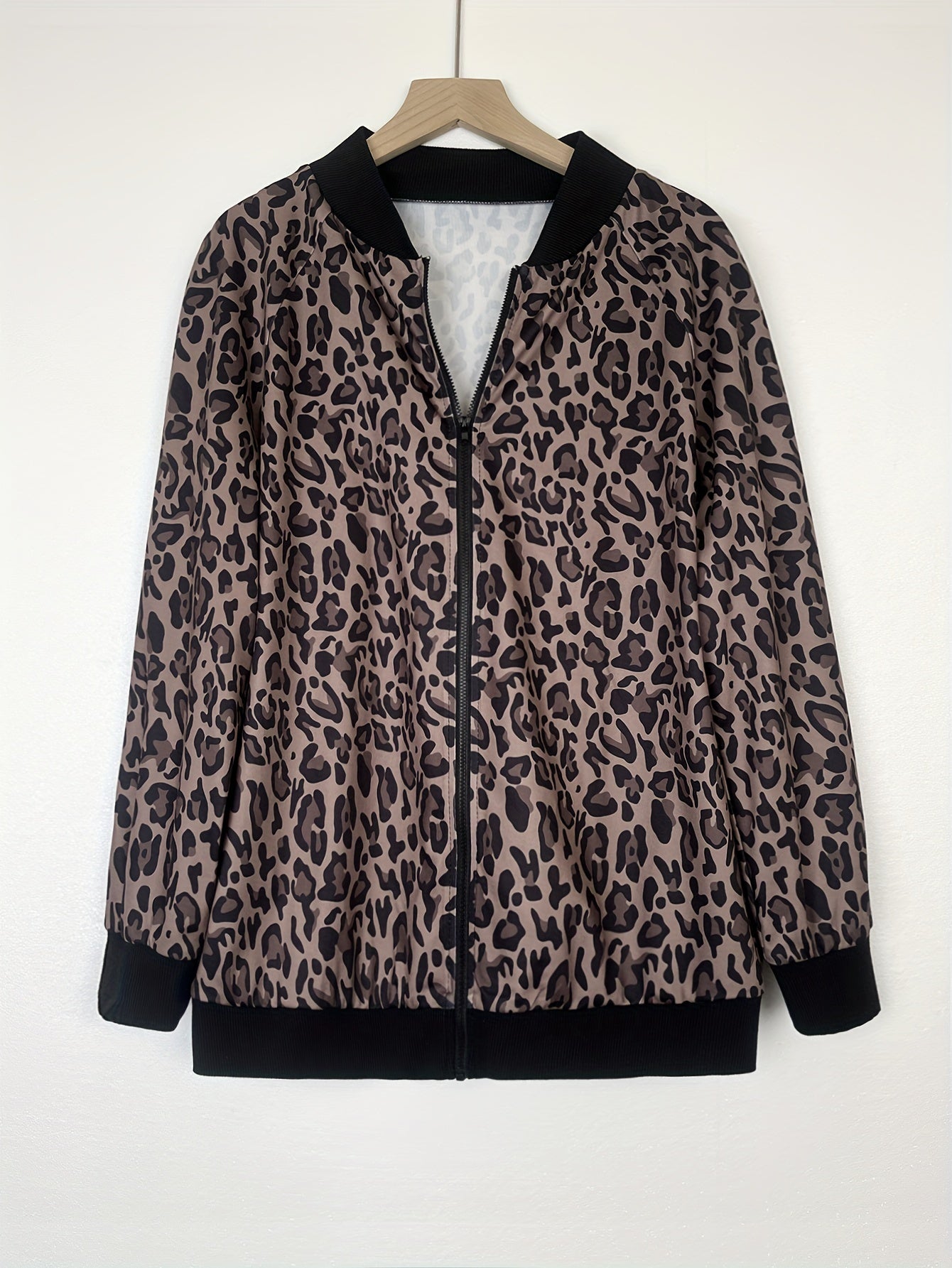 vlovelaw  Leopard Print Bomber Jacket, Casual Zip Up Long Sleeve Outerwear, Women's Clothing