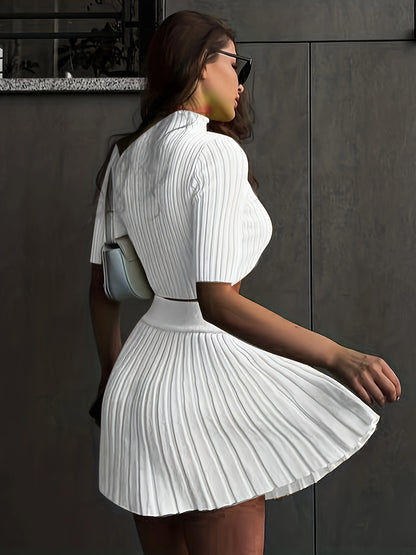 vlovelaw Ribbed Solid Two-piece Skirt Set, Mock Neck Short Sleeve Crop Top & High Waist Skirts Outfits, Women's Clothing